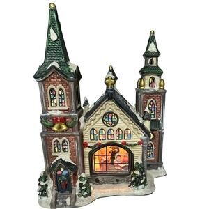 Holiday Time‎ Village Vintage Collectibles Church Stained Windows Snow Lighted